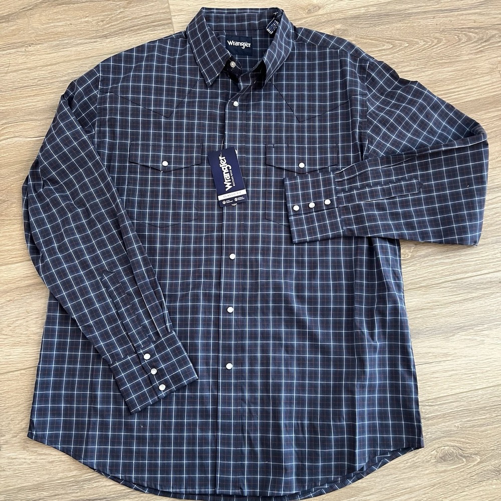 Wrangler Mens Wrinkle Resist LS Western Pearl Snap Shirt Blue Cowboy Size XXL 2X - Picture 4 of 11